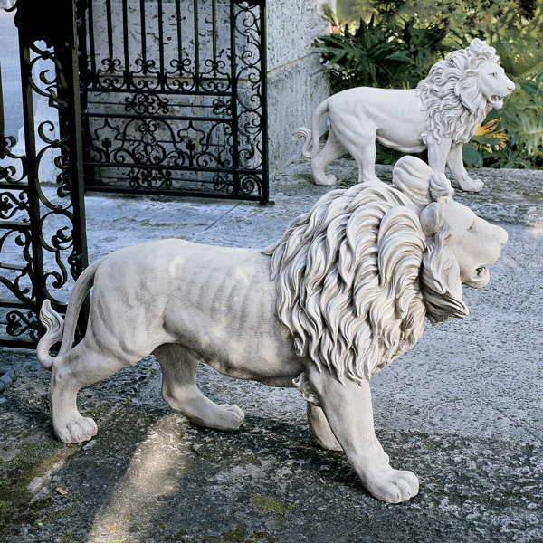 Two Sitting Lions Figures Concrete Right and Left Facing Lions 