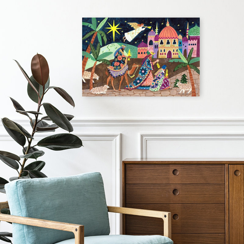 Three Wise Men And An Angel Christmas Colorful Vibrant Abstract Palm Tree Landscape Nature Wall Art Print 1 Piece Wrapped Canvas Wall Art