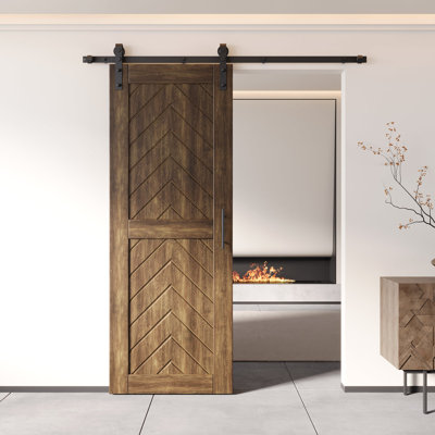 Homacer Dark Walnut 26 in. x 80 in. Finished & Unassembled 4-IN-1 Fishbone Design Barn Door with Non-Bypass Installation Hardware Kit, 4.5ft track, interior use only