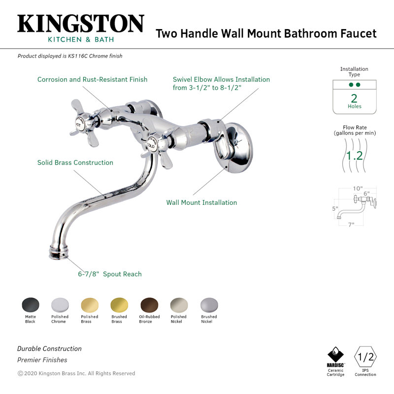 Kingston Brass Essex Two-Handle 2-Hole Wall Mount Bathroom Faucet, Brushed Nickel
