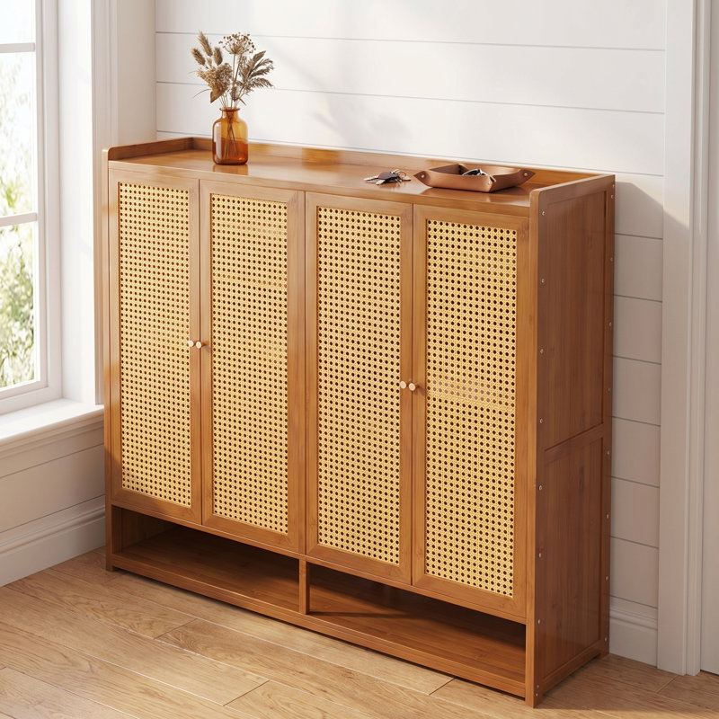 7 Tiers 32 Pairs Shoe Rack, Bamboo Shoes Storage Cabinet With Rattan Doors, Free Standing Organizer For Entryway