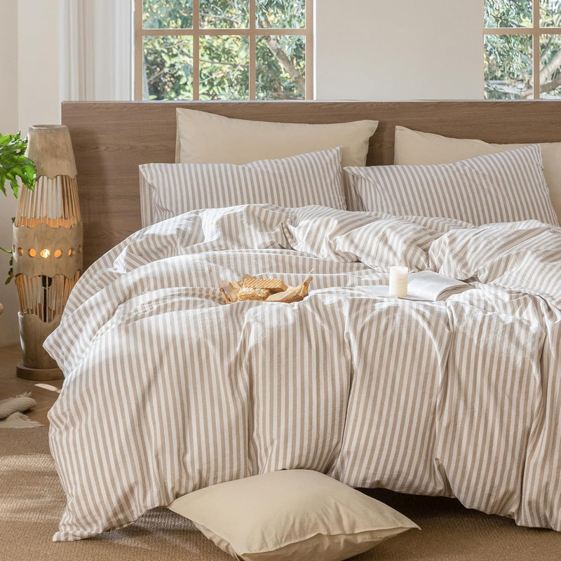 Linen Cotton Striped Beige White Cotton Linen Set With Zipper, King Duvet Cover + 2 King Pillowcases
