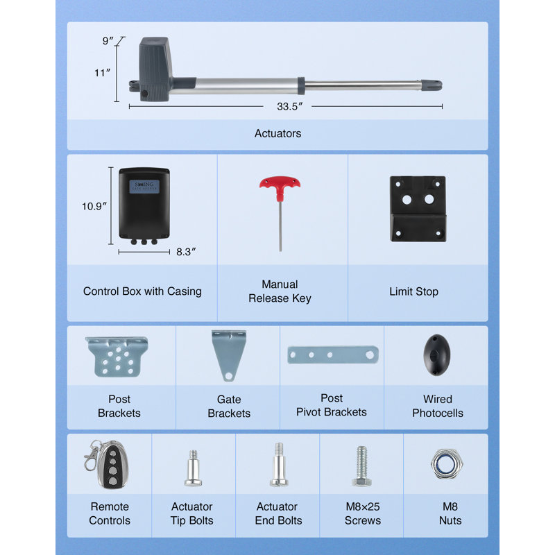 Dual Swing Automatic Gate Openers for Doors up to 1300 lbs. 20 ft. with Remote Complete Kit