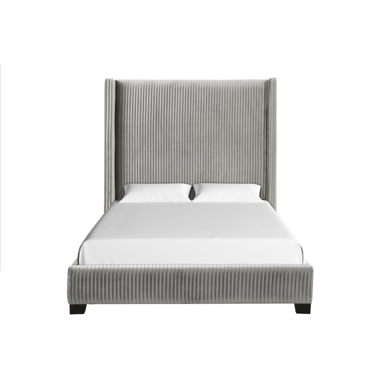 Claranne Fluted Upholstered Bed with Wingback Headboard & Wooden Frame, Light Gray, King