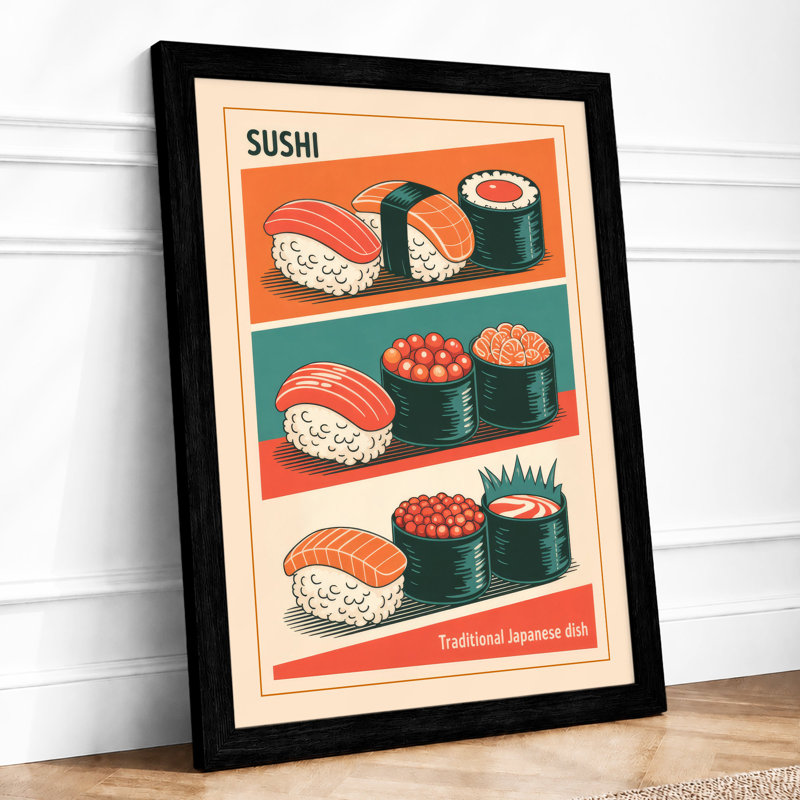 Sushi Geometry Retro - Framed Print, A3 - 42.0 x 29.7 cm, Black