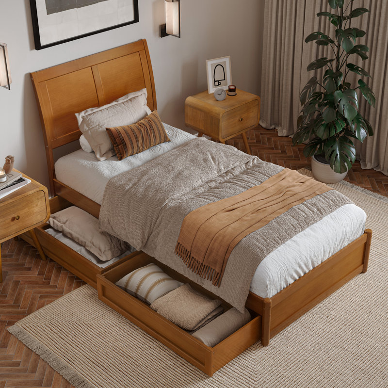 Lit plateforme en bois massif Lamayia avec pied de lit et tiroirs de rangement, Extra-Long Twin, Light Toffee