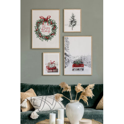 Elegant Decorative Framed Painting Set (4 Pieces), Solid Wood Frame, 13.0 x 19.0 in (2 Pieces) & 7.9 x 11.8 in (2 Pieces) | 100% MDF, Digital Print | Perfect Holiday Home Decor for Christmas