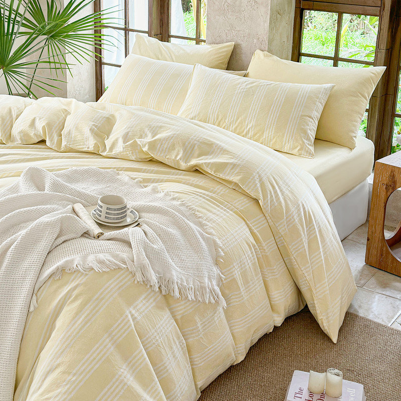 DONEUS Striped Duvet Cover Set 100% Washed Cotton Linen Like Soft Feelling 3 Pieces Bedding Set, Light Yellow/White