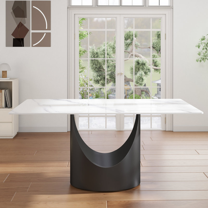 Table de salle à manger rectangulaire moderne en pierre frittée avec base piédestal, Blanc neige, Noir