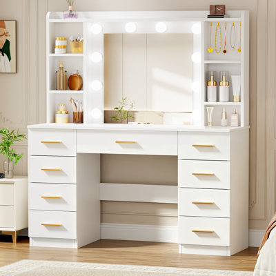 Elowen 105cm Dressing Table with Lights, 9 Drawers and Jewelry Hooks