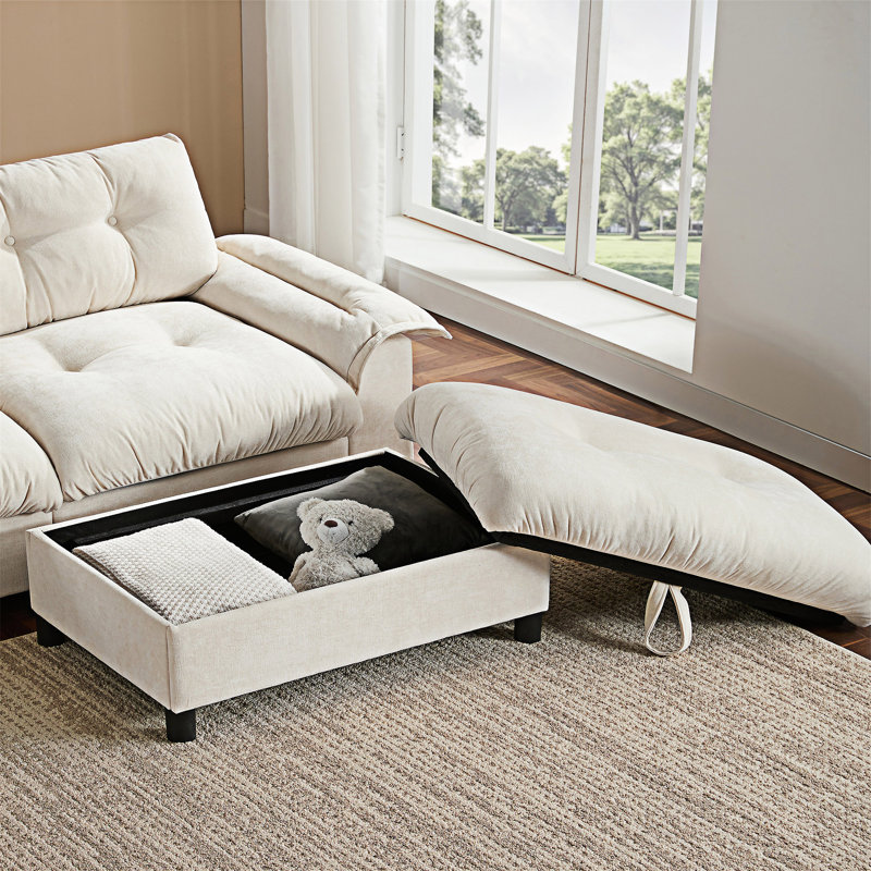 Canapé modulaire avec porte-gobelet et repose-pieds de rangement mobile, Chenille beige