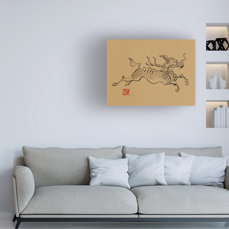 Péchane Kirin sur papier brun, art sur toile, H 14 po x l 19 po