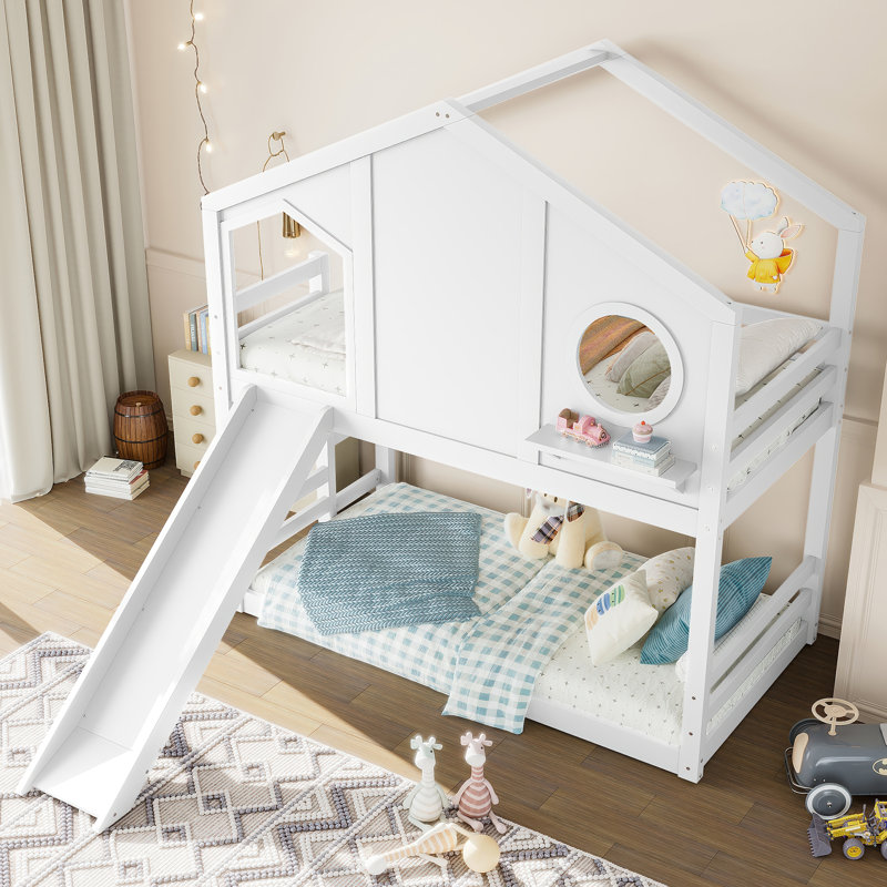 House Bunk Bed with Slide, Storage Shelves & Window, Light White