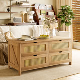 Rattan Wooden Coffee Table, 4 Drawers Cocktail Table With Storage