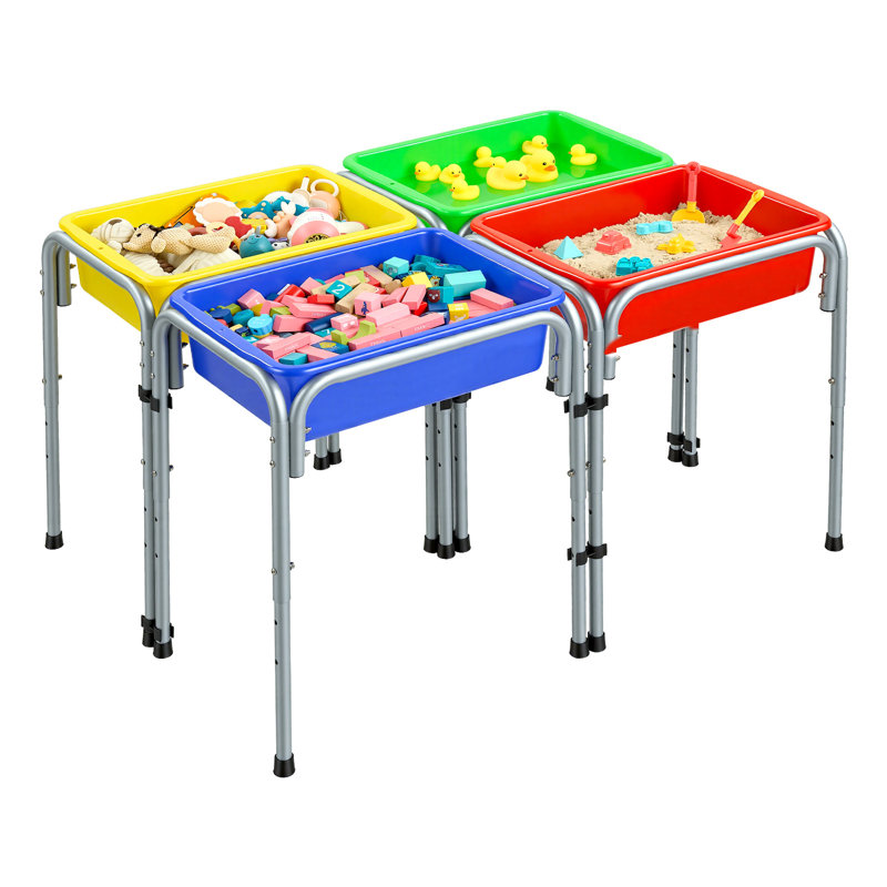 Table de jeu sensorielle pour tout-petits, enfants, station de jeu réglable à 4 stations sable et eau avec bacs de rangement amovibles et pieds antidérapants, structure en acier au carbone, coins arrondis, pour les garçons et les filles qui explorent