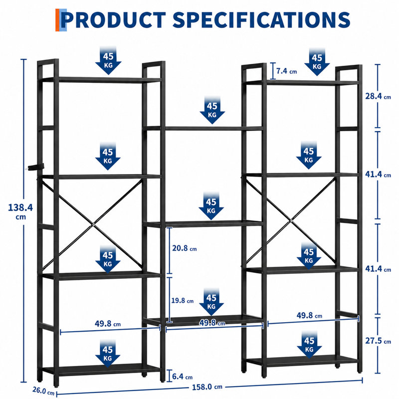 138.4cm H x 158cm W Iron Bookcase, Black