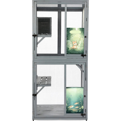 Gray Outdoor Cat Window With Wheels, 3 Relaxing Climbing Platforms For Cats, Lockable - Shaped Doors And Galvanized Mesh 70-inch Enclosure Roomy Resting Areas, Multiple Pc Sunshine Roof