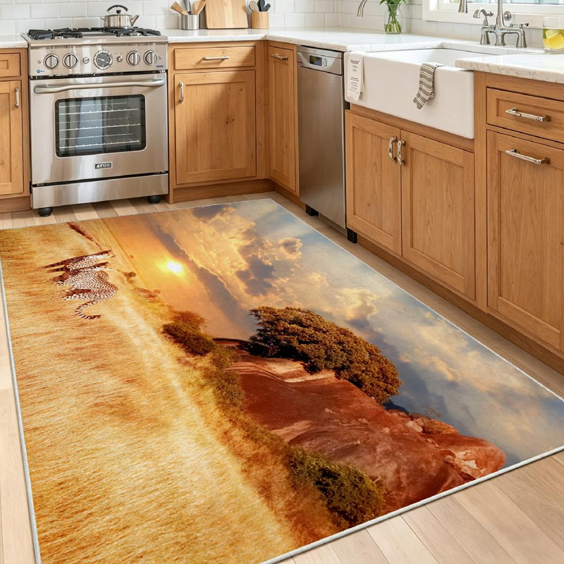 Tapis intérieur doré lavable à la machine, motif guépards dans la savane africaine, Rectangle 39 po x 63 po