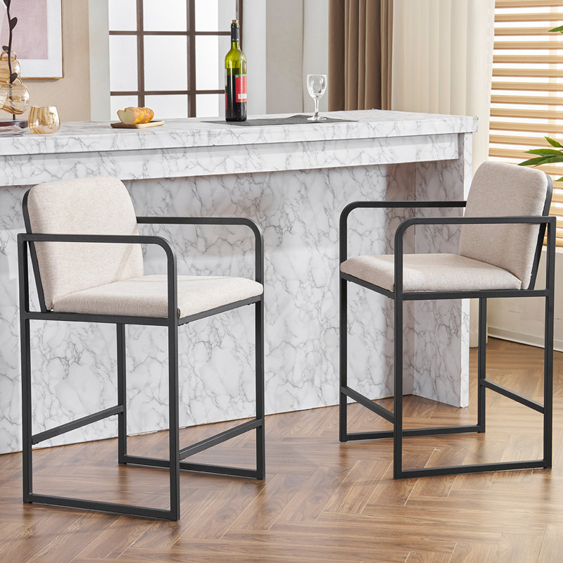 Modern Upholstered Counter Height Bar Stools with Armrests, Metal Frame, and Padded Seat,, Beige Fabric