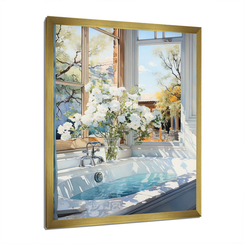 Bathroom Tranquil Reflections VI - Art mural encadré pour salle de bain, Cadre doré simple, H 32 po x l 24 po x P 1 po