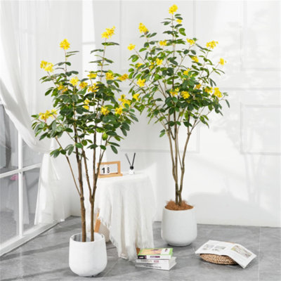 Arbre de floraison artificiel de 5 pi, plante artificielle pré-en pot avec fleurs jaunes et feuilles vertes, décoration intérieure et extérieure