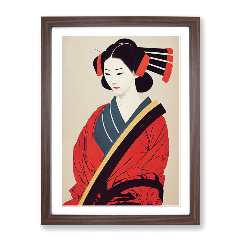 Traditional Geisha No.1 - Wall Art, 48cm H x 36cm W, Walnut Framed, White
