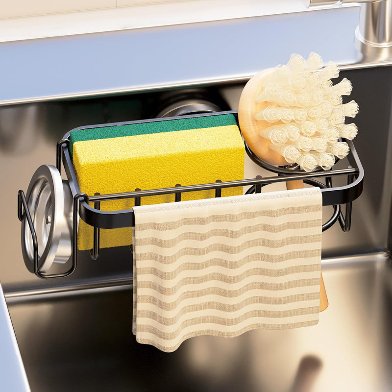 Porte-éponge d'évier de cuisine antirouille avec brosse et organisateur de serviettes, installation sans perceuse, conception en acier inoxydable pour un drainage rapide et un gain de place