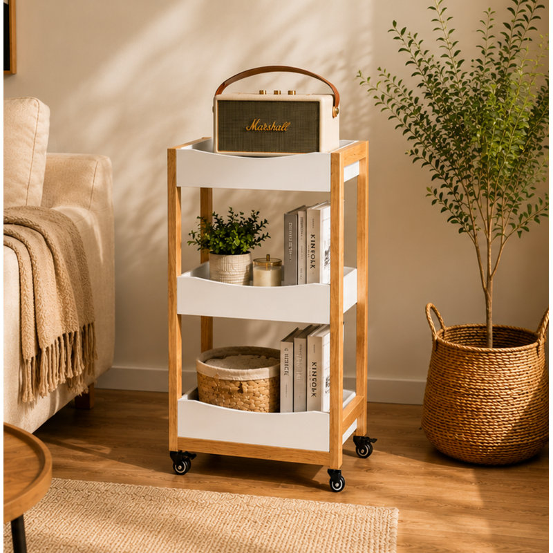 Vestra 3-Tier Wood Rolling Cart with Wheels