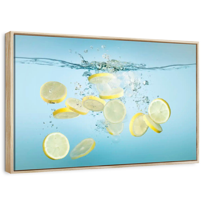 Lemon Slices In Water, Floating Frame Natural Wood, 46" X 31"
