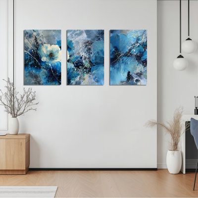Ensemble de 3 tableaux abstraits floraux bleus sur toile tendue