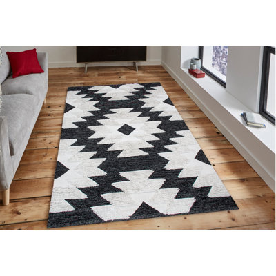 Tapis blanc / noir rectangulaire en coton tissé à la machine 2 pi 7 po x 4 pi 11 po Southwestern