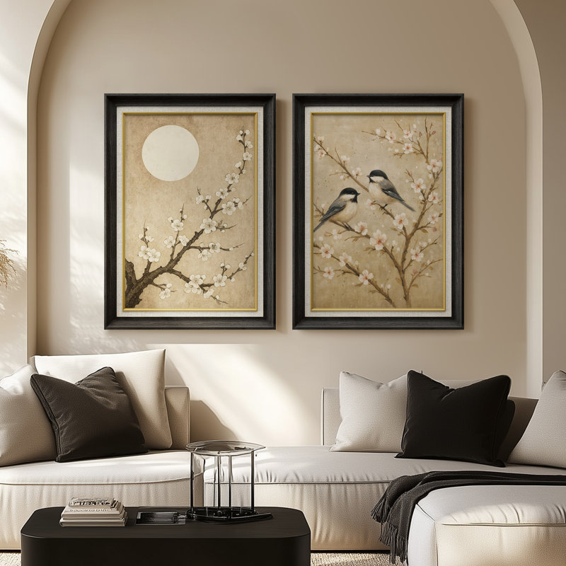 Vintage Botanical Birds and Blossoms Nature Scene - Set of 2 Premium Framed Wall Art Print on Paper 26"x36", Black