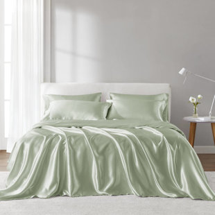 Twin 4 Pcs Luxury Satin Sheet Of Sage - Wrinkle , No Harmful Substances, Reduces Frizz, , Fitted For 16" Mattresses, With Flat Gentle On Skin, Fits Comes With