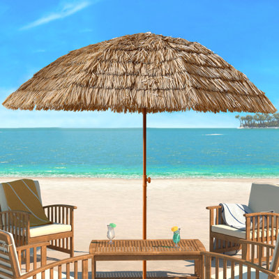 Parasol de patio en demi-cercle brun de 8 pi avec fonction d'inclinaison pour le suivi du soleil dans les espaces extérieurs Abat-jour maximisé à mécanisme de paille hawaïen, multi scène applicable