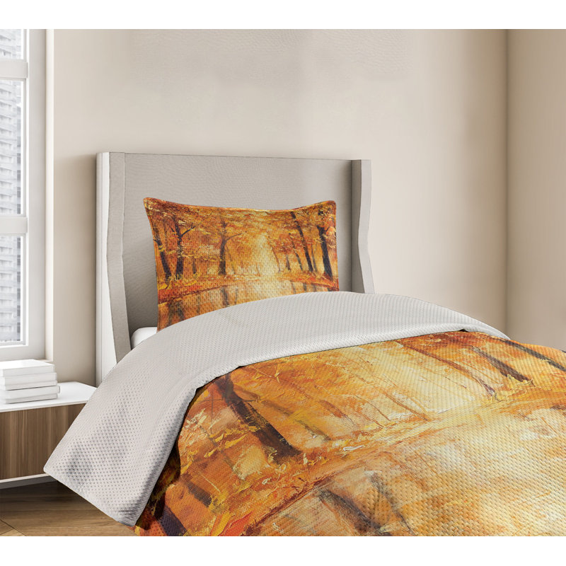Autumn Forest Lake Quilted King Bedspread Set in Brown