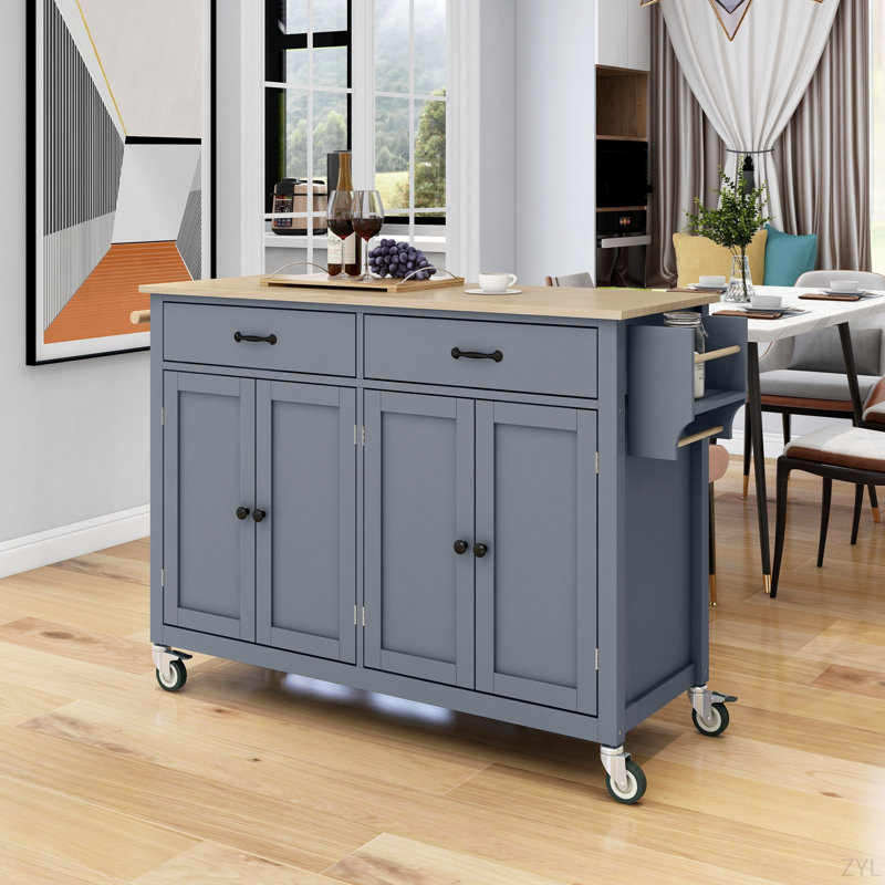 Kitchen Island Cart With Solid Wood Top And Locking Wheels,54.3 Inch Width,4 Door Cabinet And Two Drawers,Spice Rack, Towel Rack