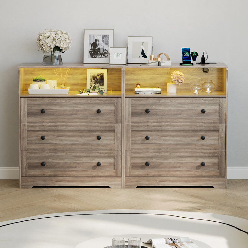 Modern 3 Drawer Small Wood Dresser, Charging Station LED Lights, Bedroom Closet Living Room Hallway, Bedside Organizer, Gray