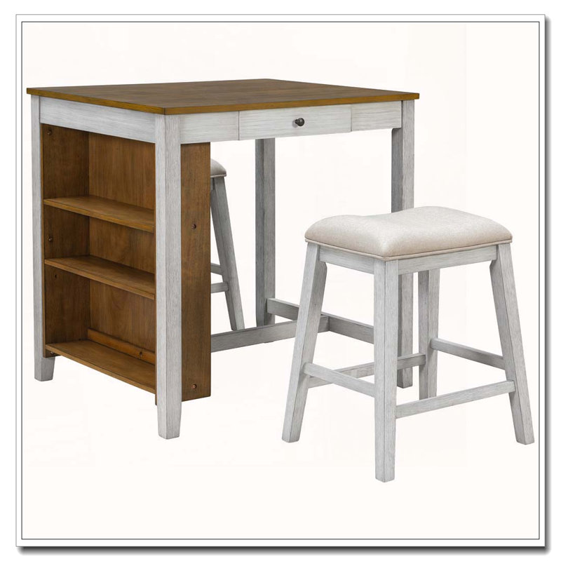 Ensemble de table de bar avec prise électrique, rangement et 2 tabourets