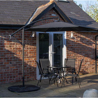 Outdoor 4 Person Round Glass Top Garden Dining Table Chairs With Banana Parasol And Base