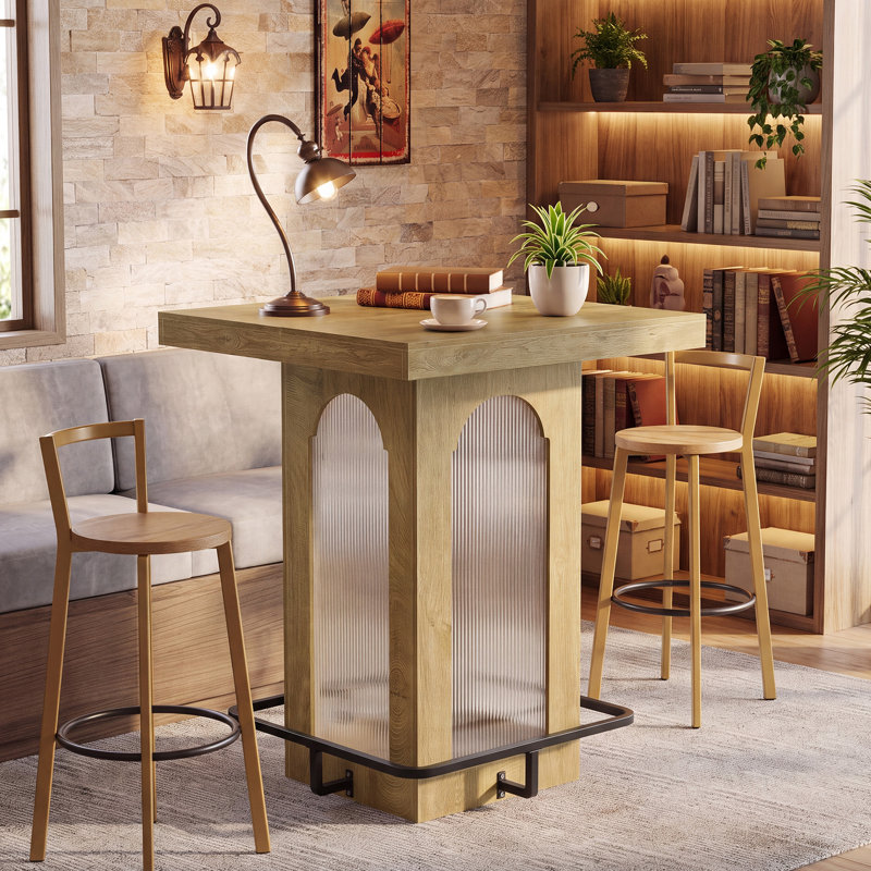 Square Bar Table, High Top Cocktail Pub Table with Led Lights