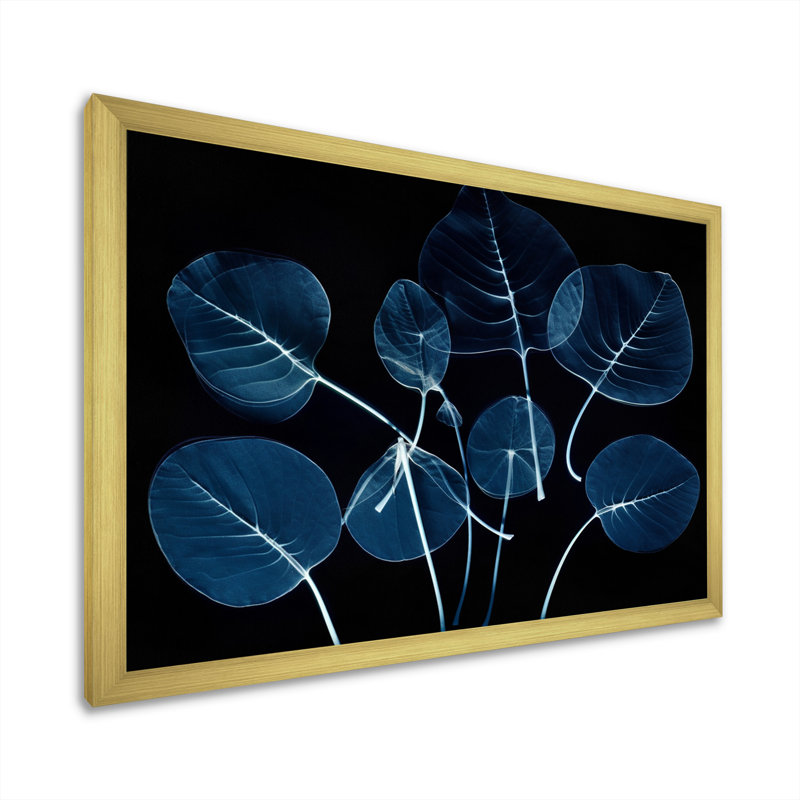 Botanique rétro, feuilles abstraites, bleu rétro, H 34 po x l 44 po x P 1,5 po, Cadre photo doré simple