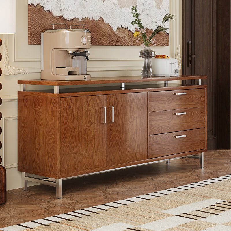 59'' Sideboard Rectangular Accent Cabinet  With Stainless Steel Legs, 3 Wood Drawers And 2-Door Storage Cabinet