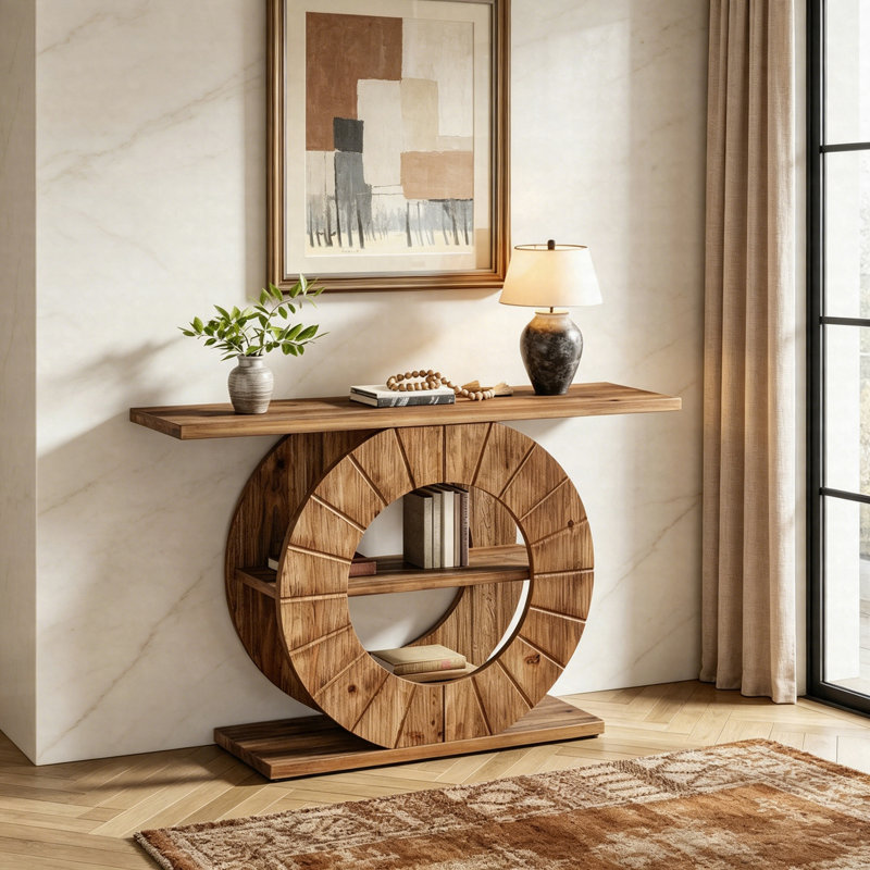 Console de ferme 41 po en bois massif, canapé étroit à 3 niveaux avec base circulaire sculptée et tablettes de rangement
