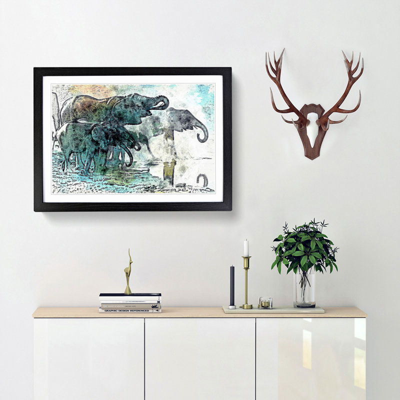 Elephants at the Waterhole in Abstract - Picture Frame Painting Print, 48cm H x 65cm W x 2cm D, Black Framed