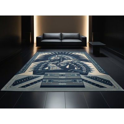 Tapis moelleux moelleux à motif de blocs bleus et bleu marine Duque Aztec Jaguar Warrior