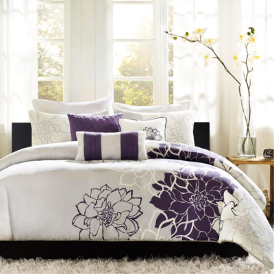 Housse de couette pour lit double / grand lit 6 pièces à thème floral, tissu en coton, 2 taies décoratives, 3 coussins décoratifs, fermeture à boutons, attaches de coin intérieures, broderie délicieuse, literie lavable à la machine, gris / pêche, taupe