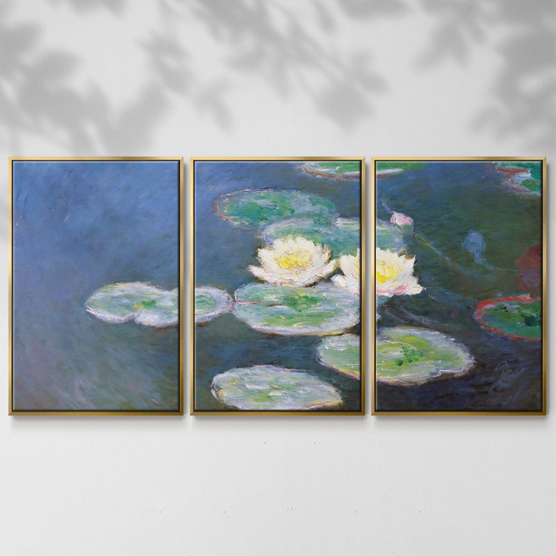Nénuphars, effet de soirée, 3 pièces, Or, H 24 po x l 48 po x P 2 po