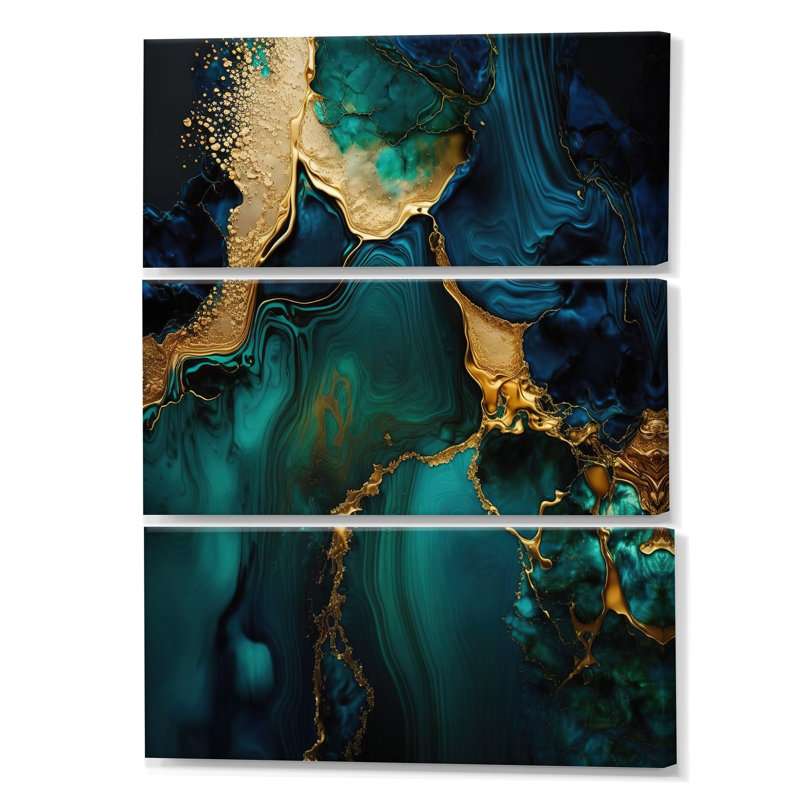 Impression sur toile tendue à motif de marbre abstrait vert et or 3 pièces