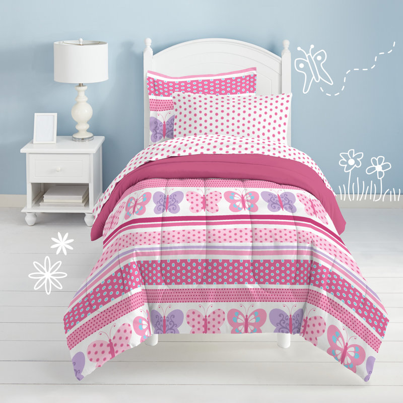 Ensemble d'édredon réversible en microfibre rose Butterfly Dots, Simple