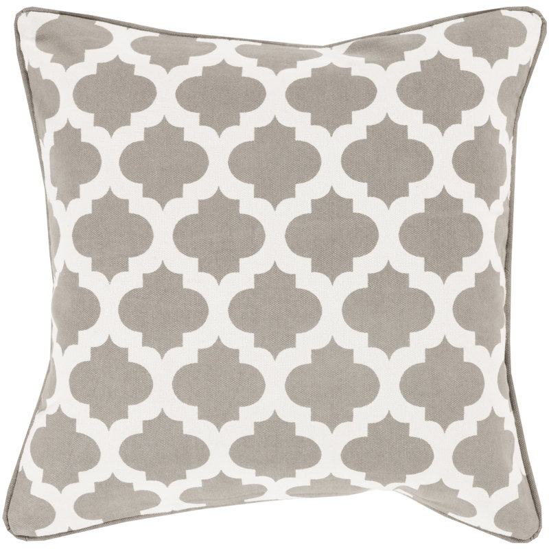 Stamped Cotton Geometric Throw Pillow Cover, 18" H x 18" W x 0.25" D, White\Taupe